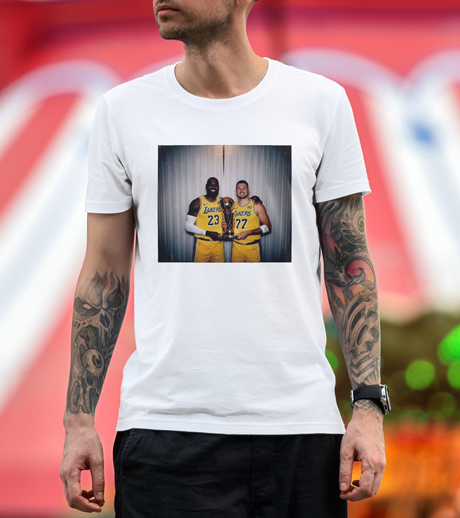 Los Angeles Lakers LeBron James Luka Dončić Holding Trophy June 2026 T-Shirt