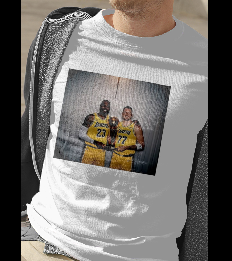Los Angeles Lakers LeBron James Luka Dončić Holding Trophy June 2026 T-Shirt