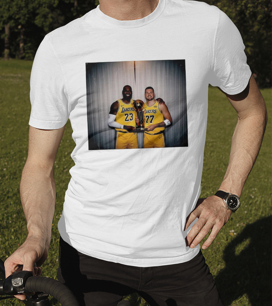 Los Angeles Lakers LeBron James Luka Dončić Holding Trophy June 2026 T-Shirt