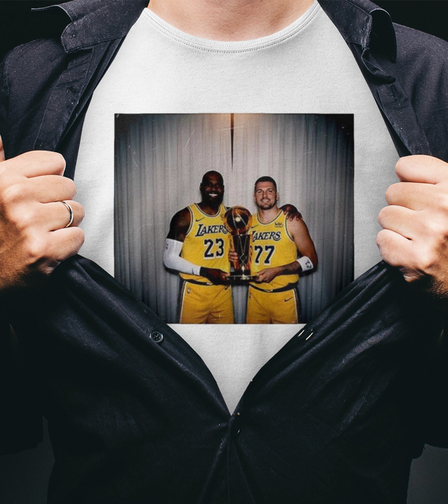 Los Angeles Lakers LeBron James Luka Dončić Holding Trophy June 2026 T-Shirt
