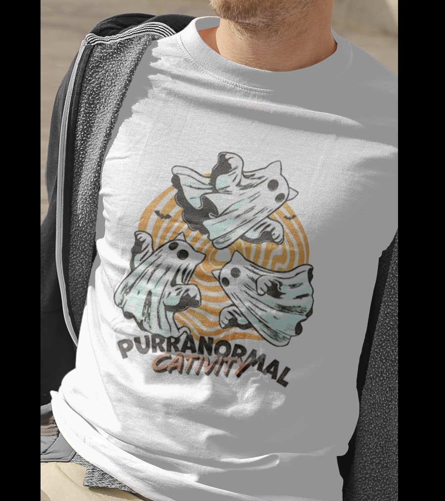Purranormal Cativity Ghost Cat Halloween Bats Swirl Maze T-Shirt