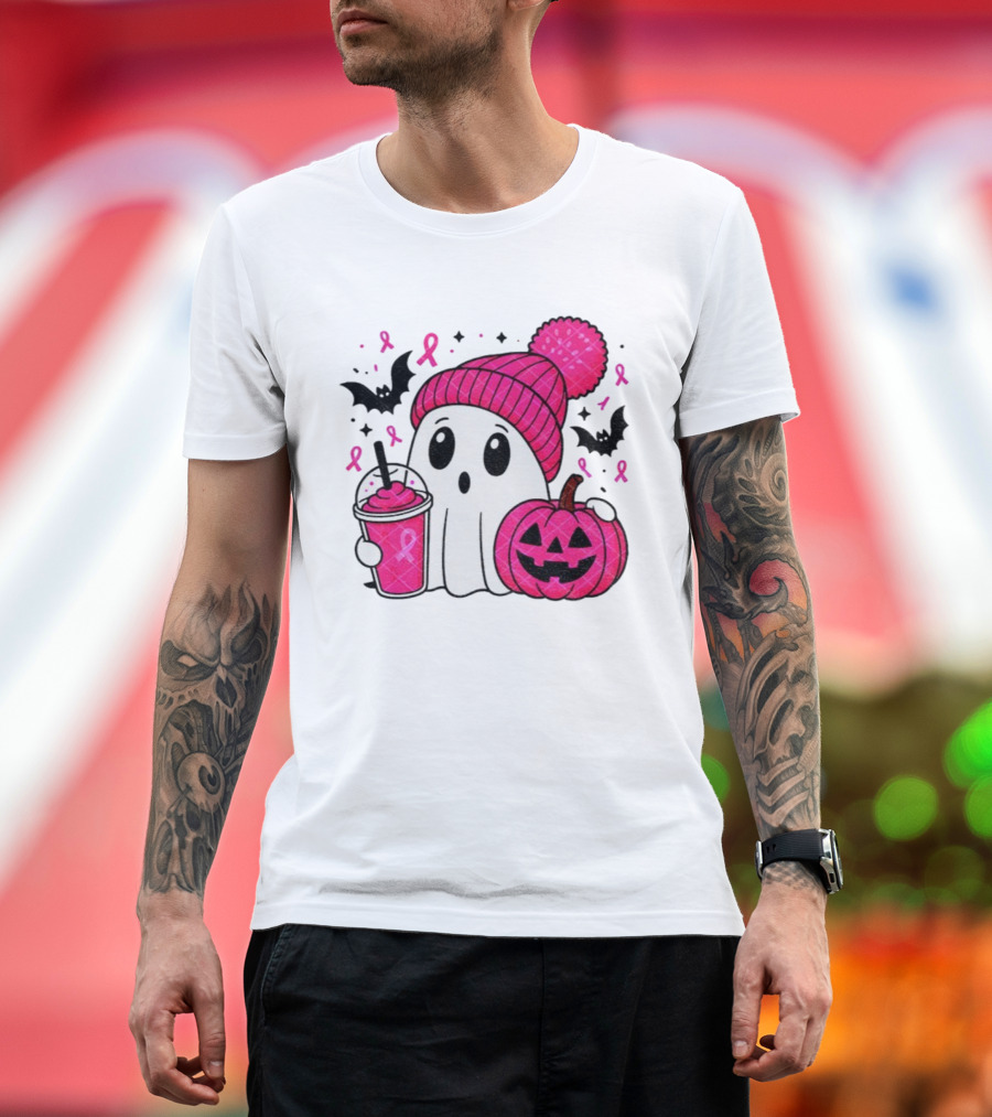 Spooky Ghost Pink Pumpkin Breast Cancer Awareness With Ribbon In October We Wear Pink T-Shirt