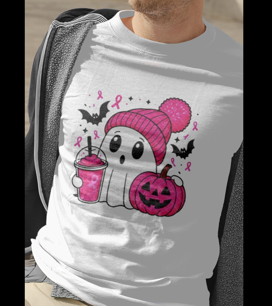 Spooky Ghost Pink Pumpkin Breast Cancer Awareness With Ribbon In October We Wear Pink T-Shirt