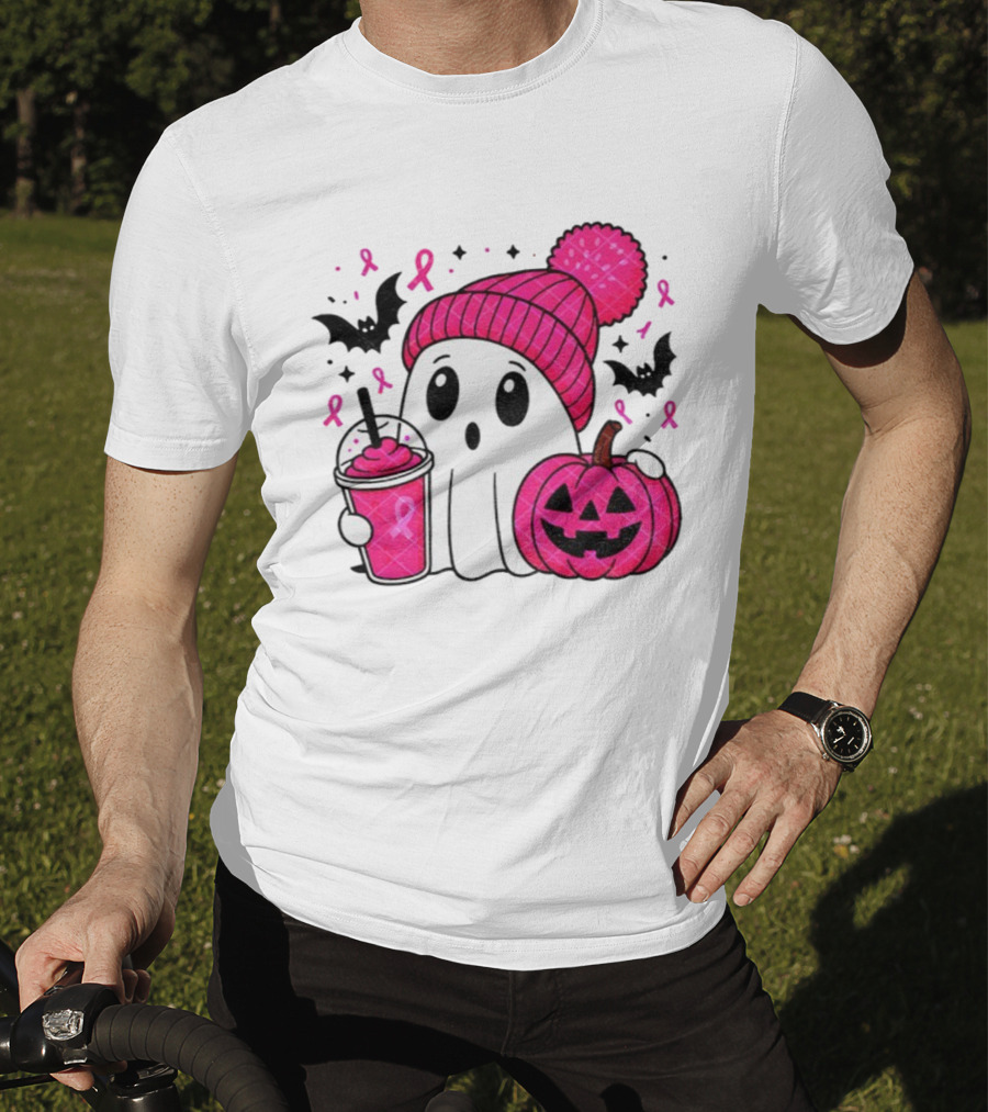 Spooky Ghost Pink Pumpkin Breast Cancer Awareness With Ribbon In October We Wear Pink T-Shirt