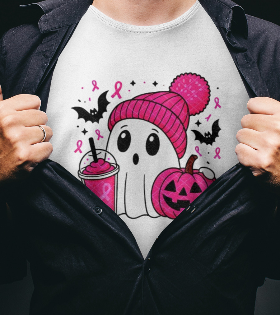Spooky Ghost Pink Pumpkin Breast Cancer Awareness With Ribbon In October We Wear Pink T-Shirt