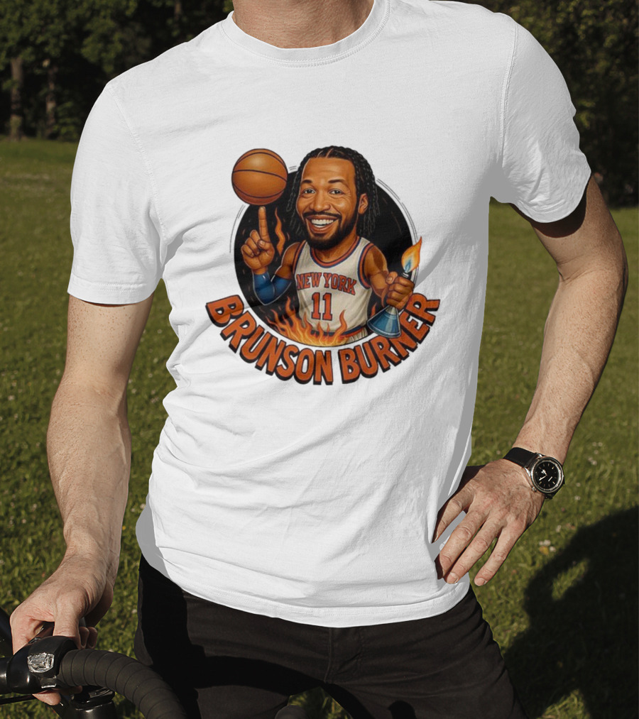 New York Knicks Brunson Burner Cartoon With Basketball And Flames T-Shirt