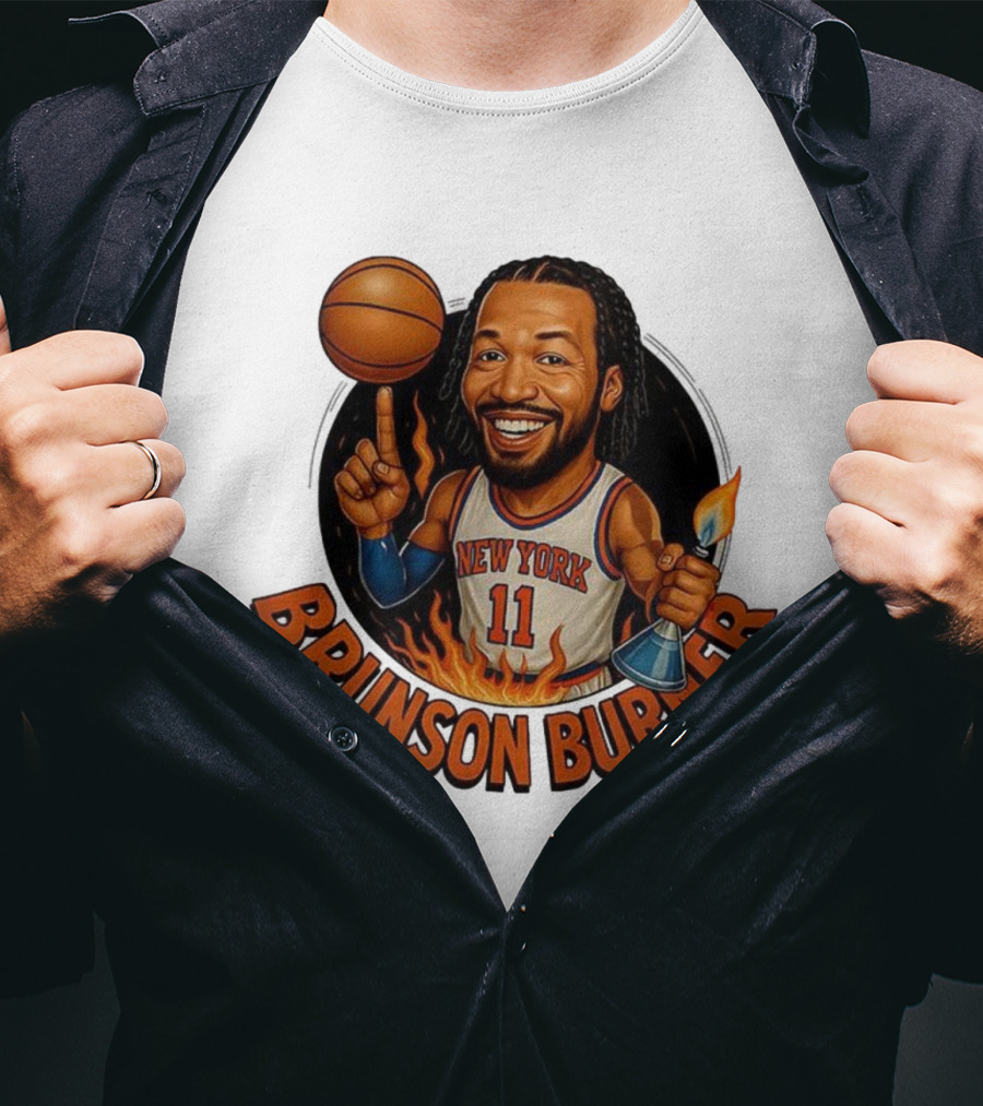 New York Knicks Brunson Burner Cartoon With Basketball And Flames T-Shirt