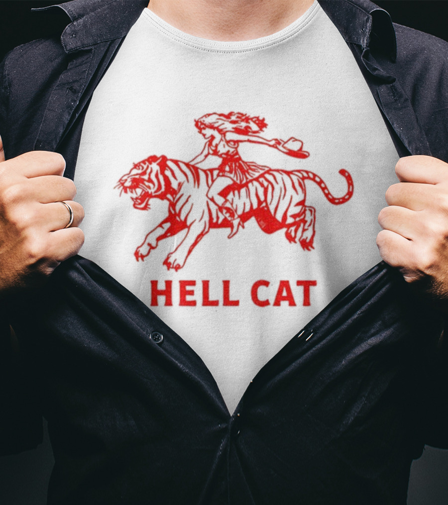 Hell Cat Vintage Cowgirl Riding Tiger Design T-Shirt