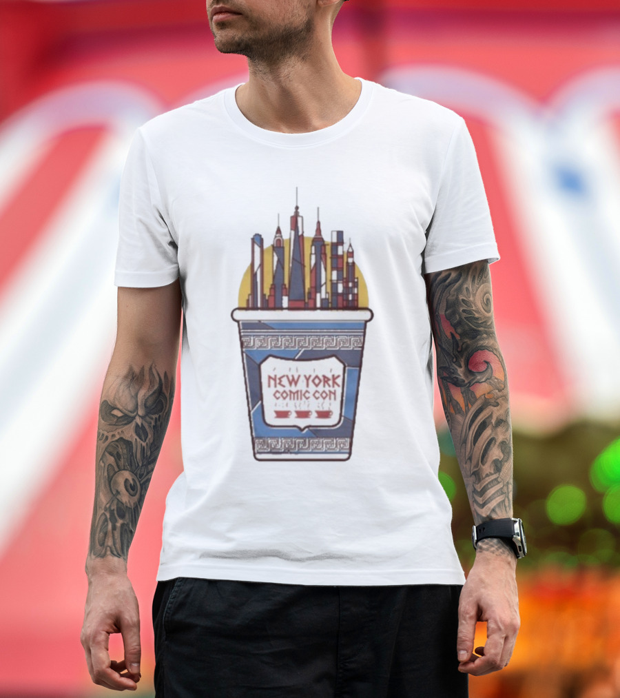 New York Comic Con 2025 Coffee Cup Skyline Tower Design T-Shirt
