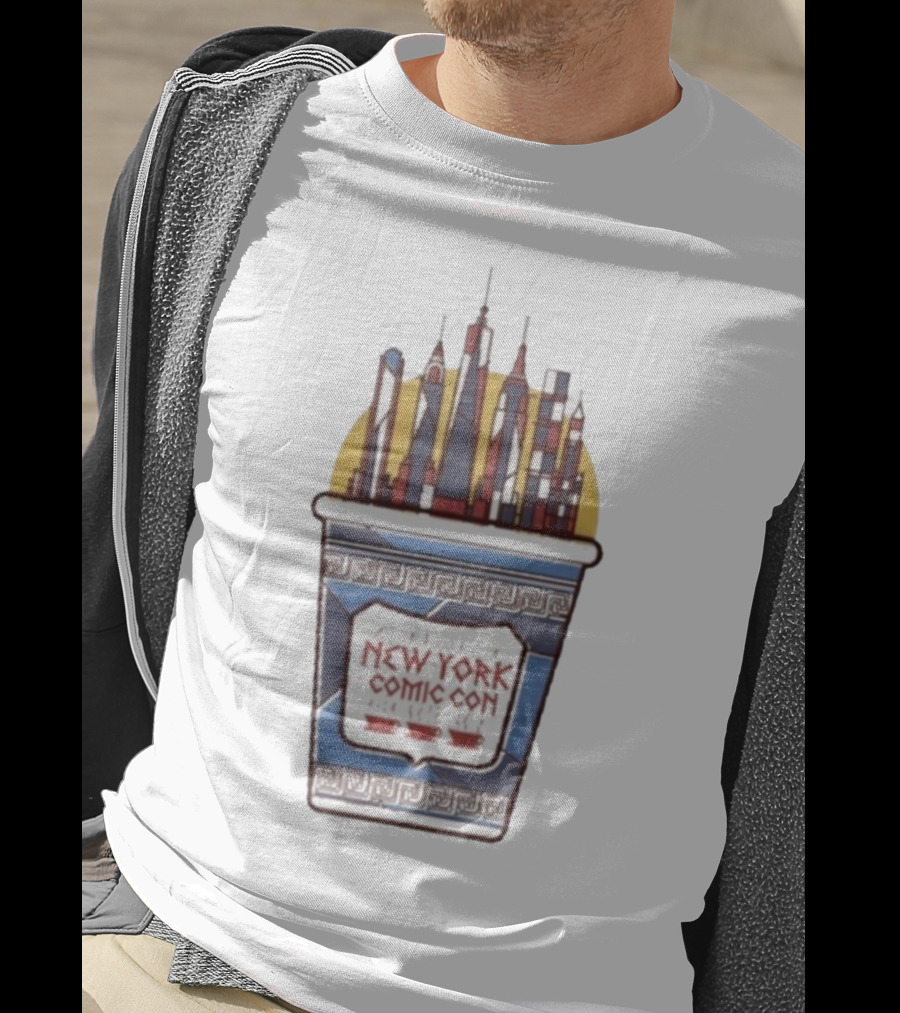 New York Comic Con 2025 Coffee Cup Skyline Tower Design T-Shirt