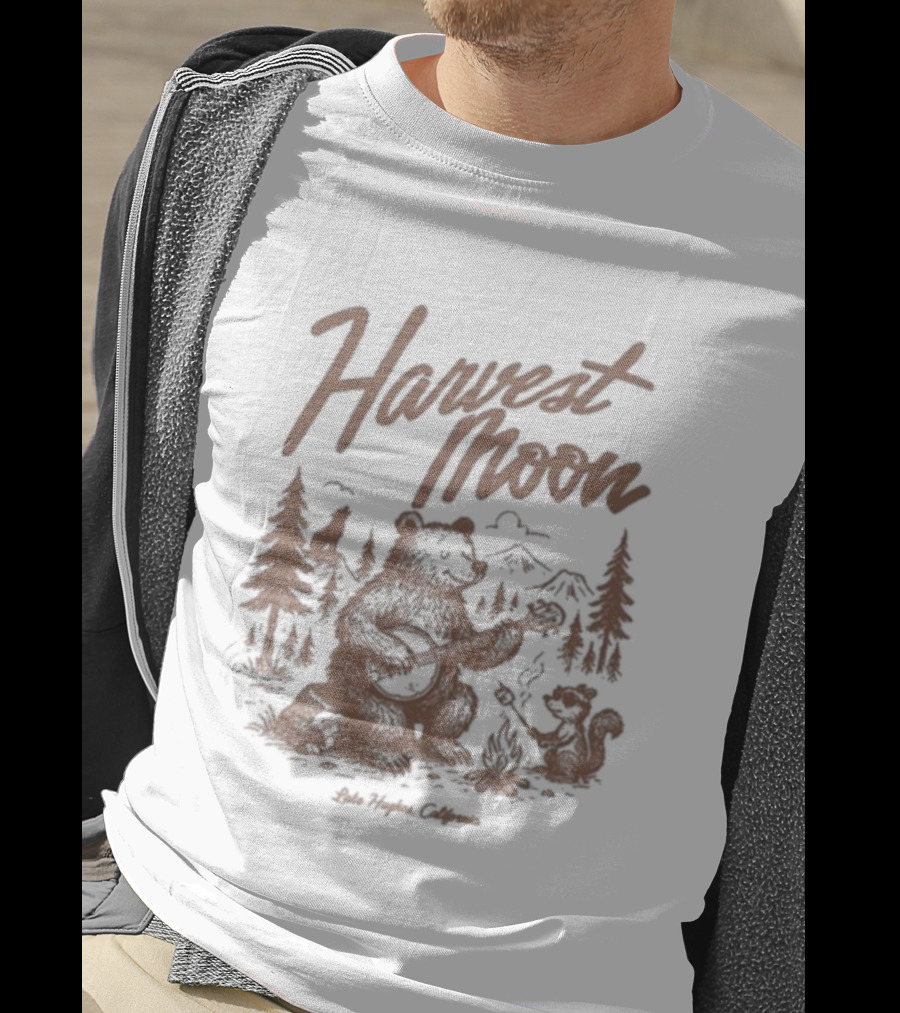 Harvest Moon Lake Hughes California Bear Forest Illustration T-Shirt