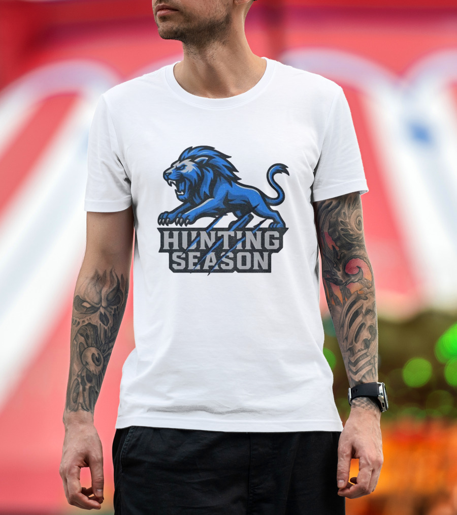 Detroit Lions Hunting Season Roaring Blue Lion NFL Fan Gear T-Shirt