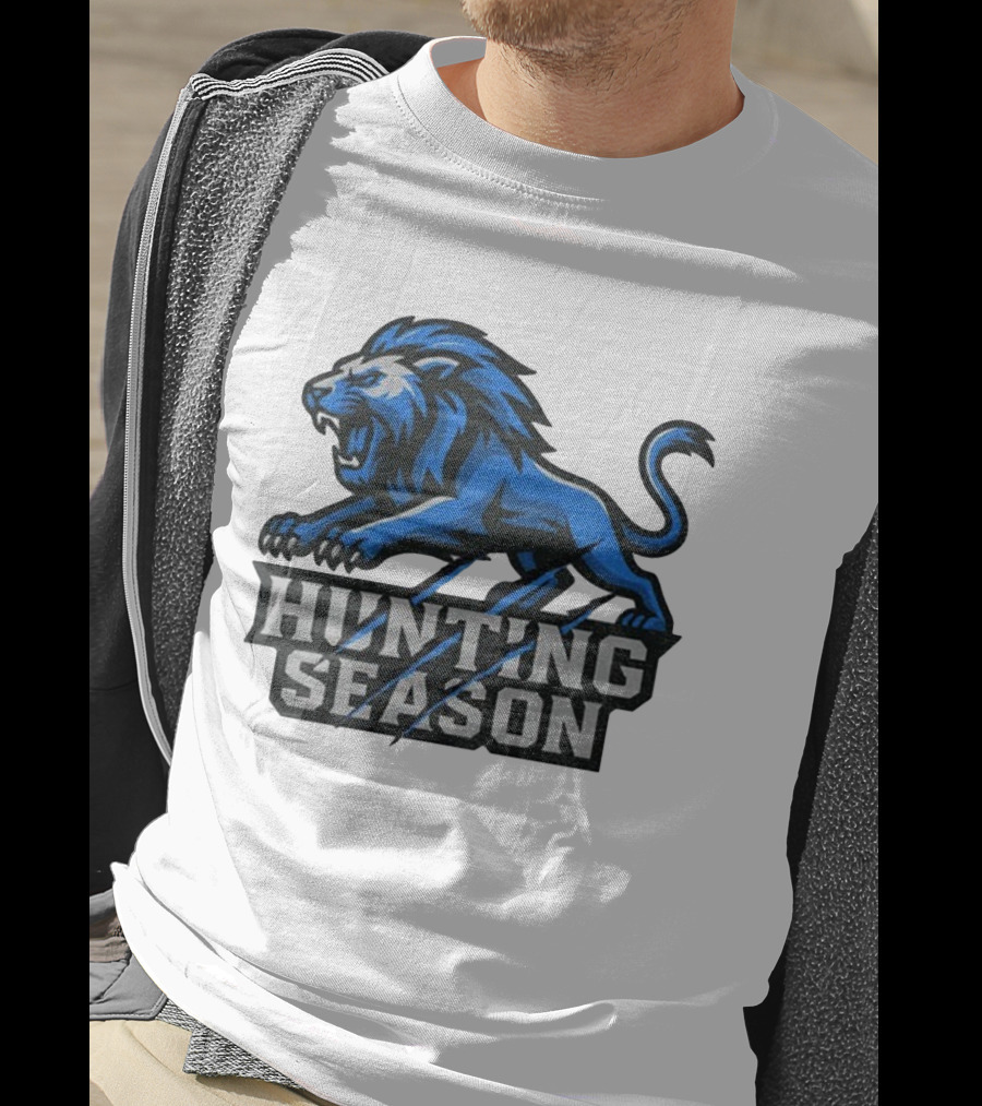 Detroit Lions Hunting Season Roaring Blue Lion NFL Fan Gear T-Shirt