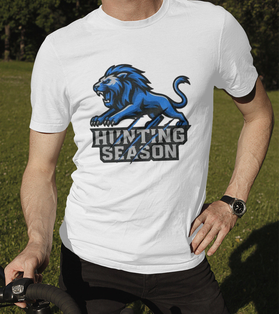 Detroit Lions Hunting Season Roaring Blue Lion NFL Fan Gear T-Shirt
