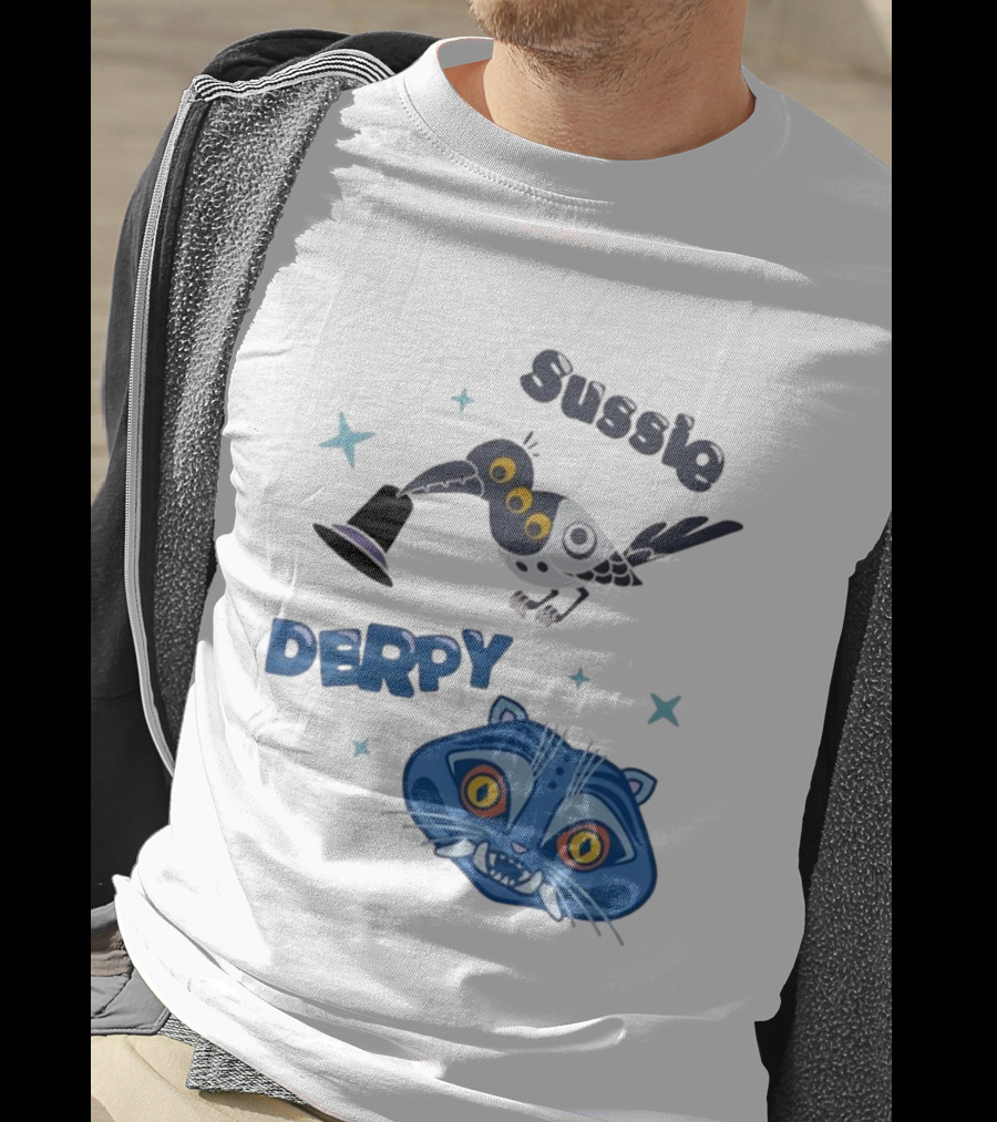 Sussie Derpy Cartoon Bird And Tiger Characters With Stars KPop Demon Hunters T-Shirt