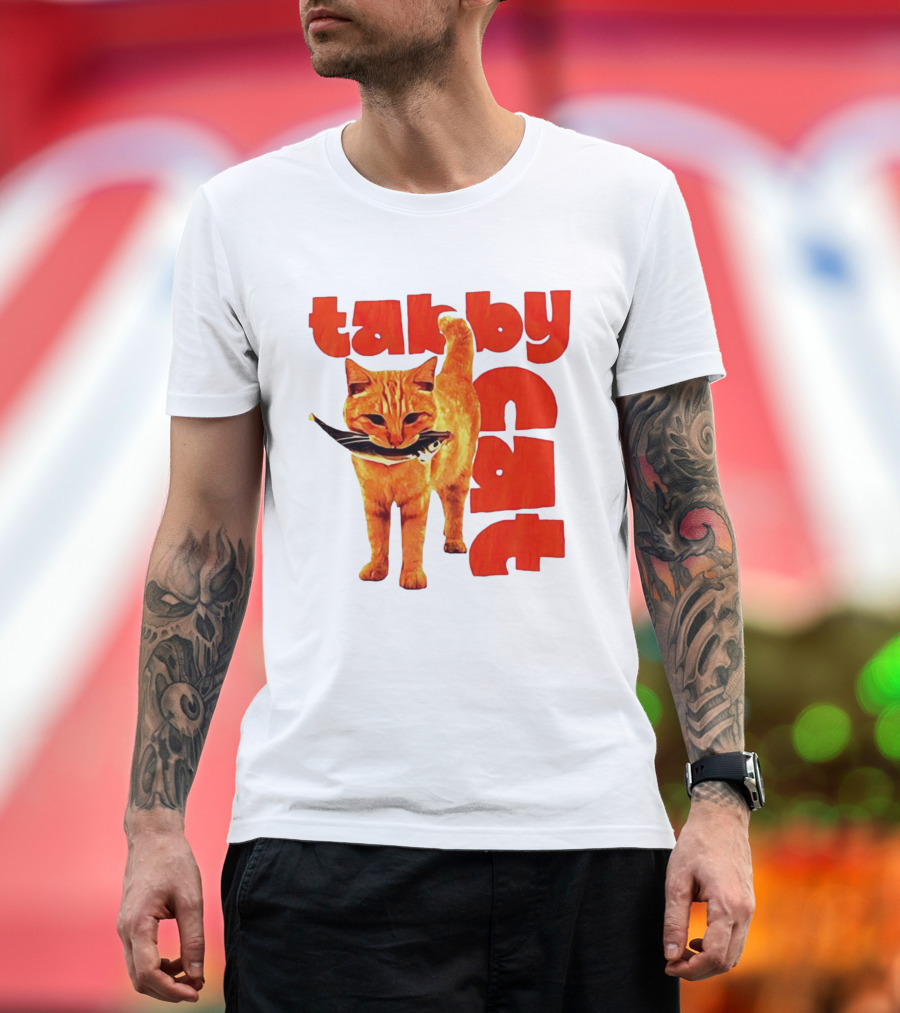 Tabby Cat Holding Fish Meme Retro Font T-Shirt