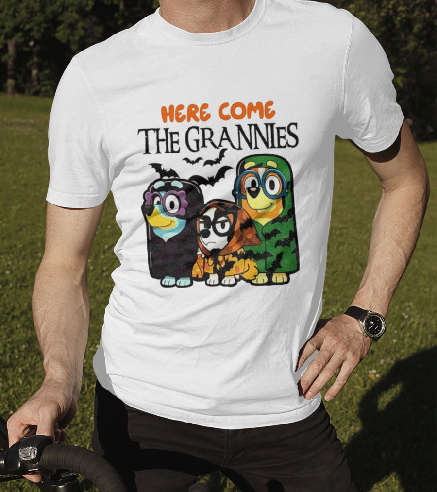 Here Come The Grannies Halloween Blue Dog Characters In Costumes T-Shirt