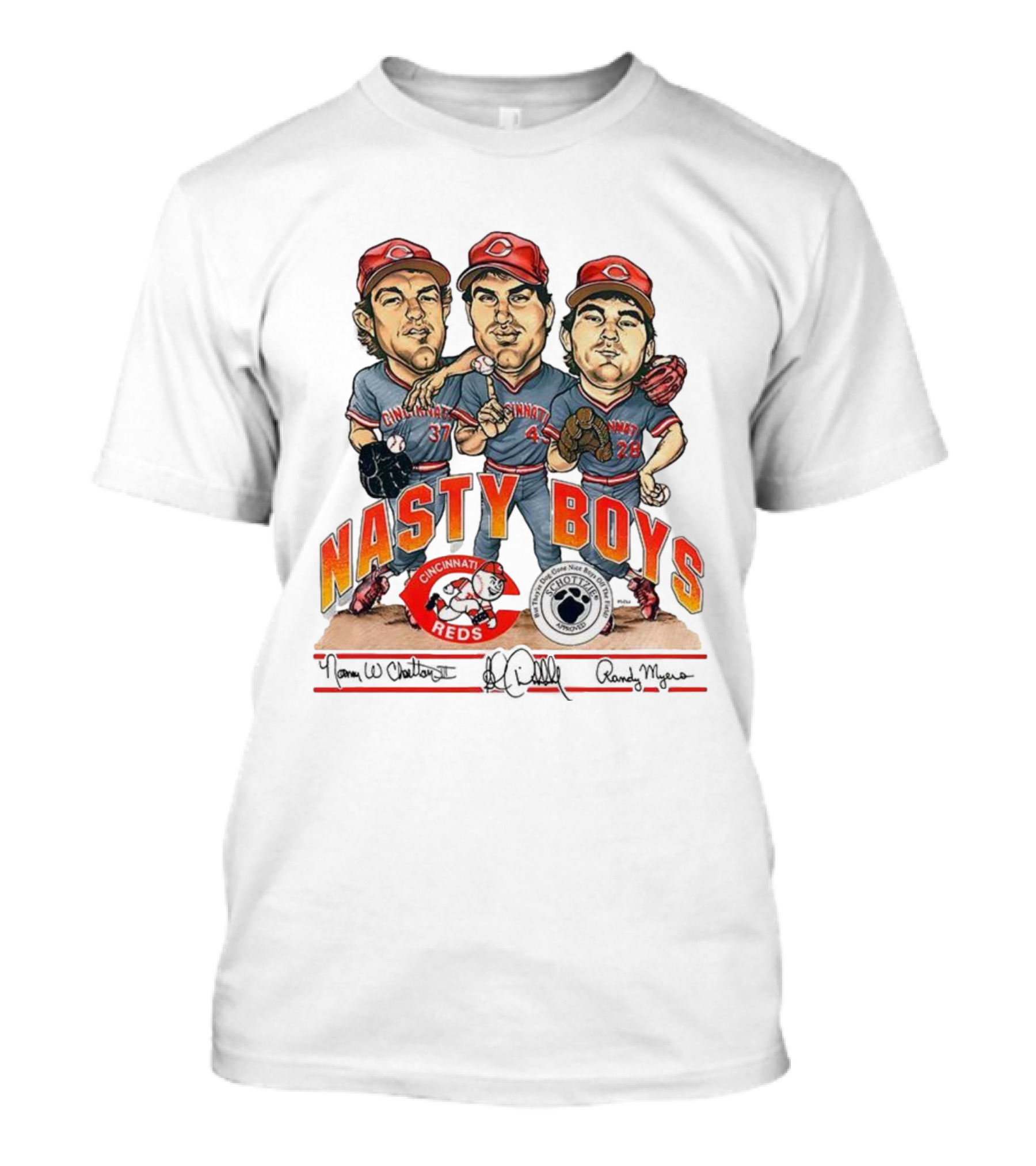 Cincinnati Reds Nasty Boys 37 43 28 Schottzie 02 Baseball Caricature T-Shirt
