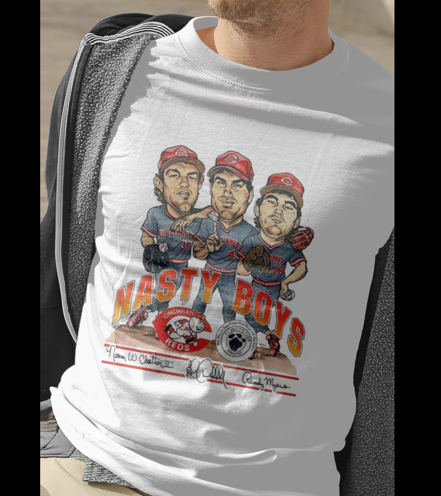 Cincinnati Reds Nasty Boys 37 43 28 Schottzie 02 Baseball Caricature T-Shirt