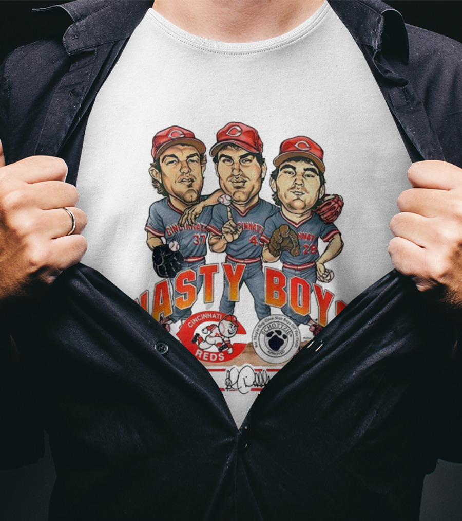Cincinnati Reds Nasty Boys 37 43 28 Schottzie 02 Baseball Caricature T-Shirt