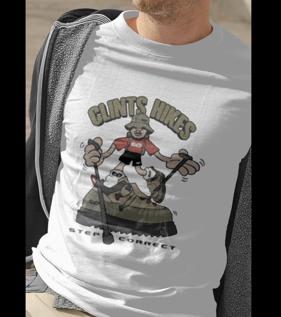 CLINTS HIKES Cartoon Hiker With Walking Sticks And Boots T-Shirt