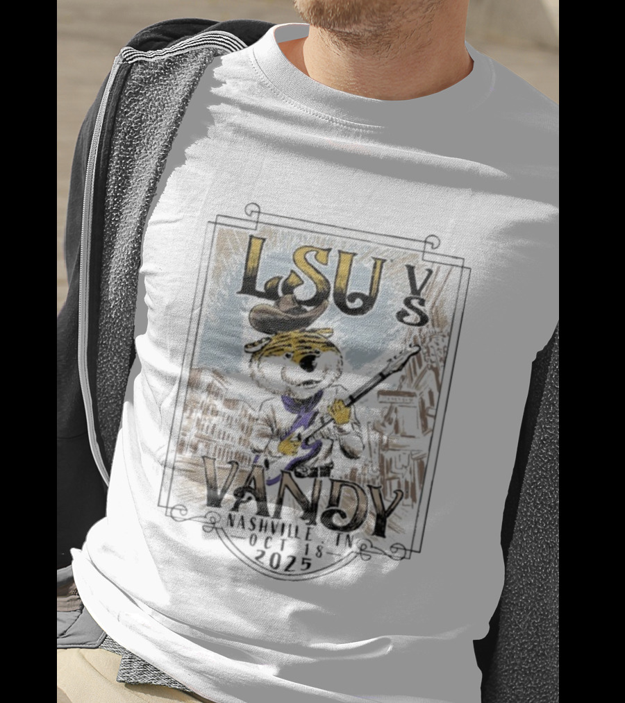 LSU Tigers Vs Vandy Vanderbilt Commodores Nashville TN Oct 18 2025 Mascot Guitar City Showdown T-Shirt