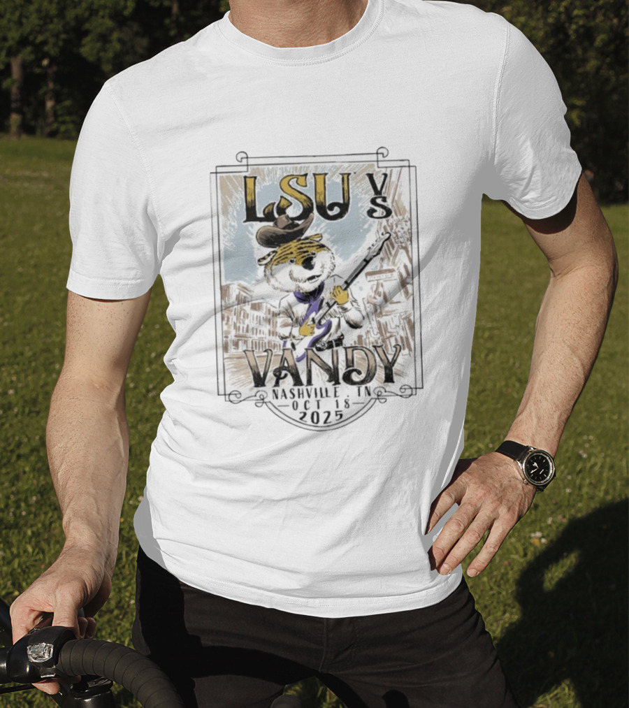 LSU Tigers Vs Vandy Vanderbilt Commodores Nashville TN Oct 18 2025 Mascot Guitar City Showdown T-Shirt