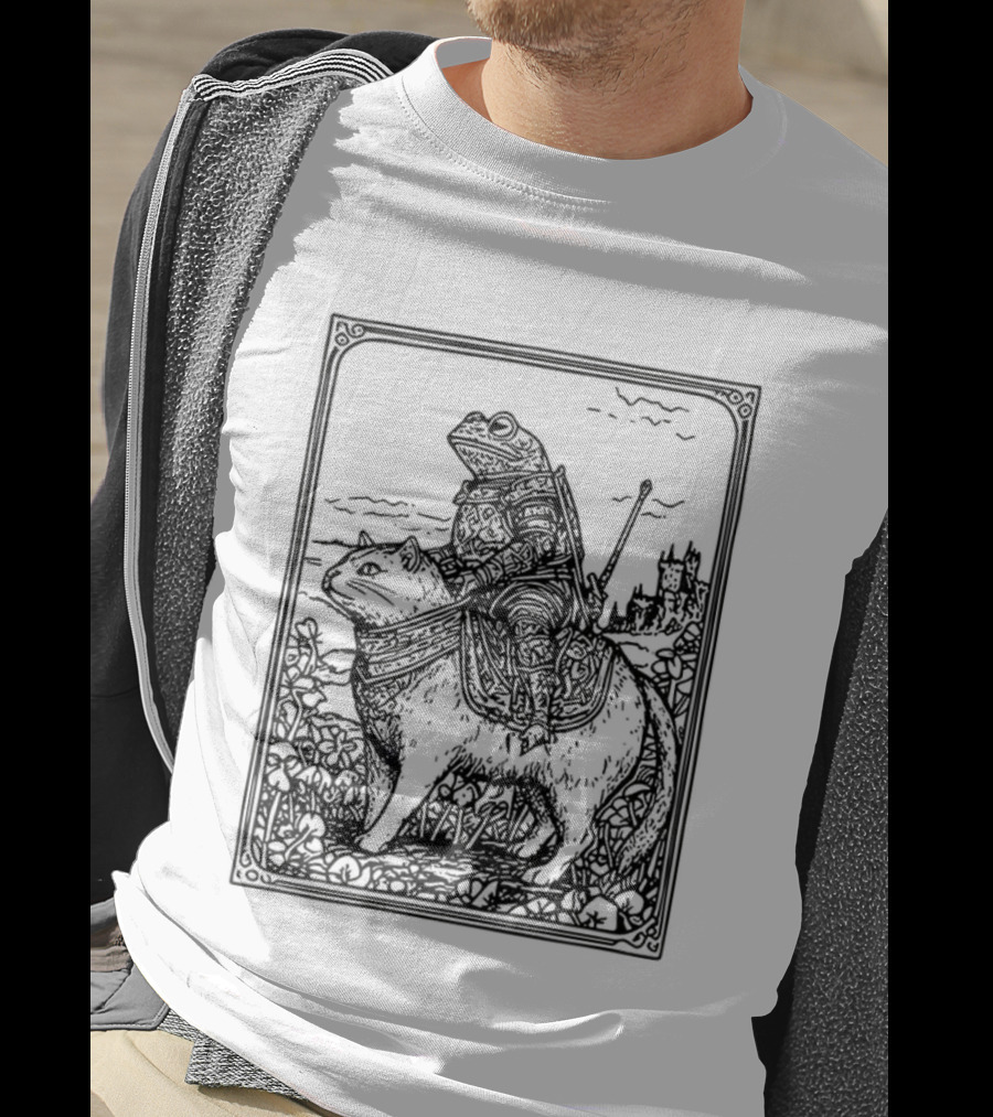 Medieval Frog Knight Riding A Cat In Armor Scene T-Shirt