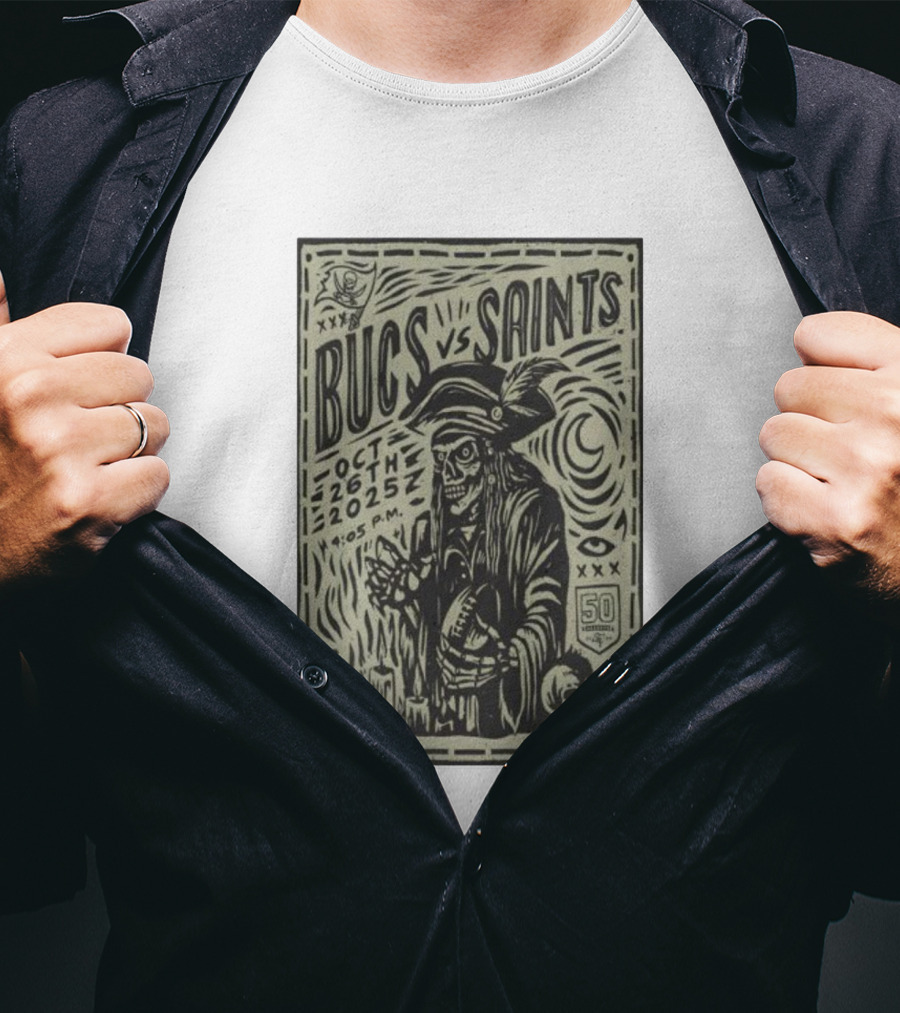 Bucs Vs Saints October 26 2025 4:05 P.M. 50 Seasons Pirate Skull Linocut T-Shirt