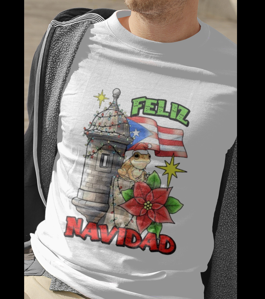 Puerto Rican Christmas Coqui Feliz Navidad Flag Poinsettia Lights T-Shirt