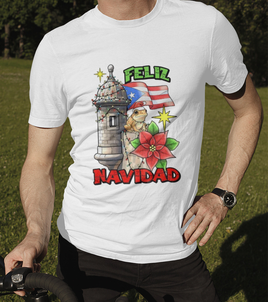 Puerto Rican Christmas Coqui Feliz Navidad Flag Poinsettia Lights T-Shirt