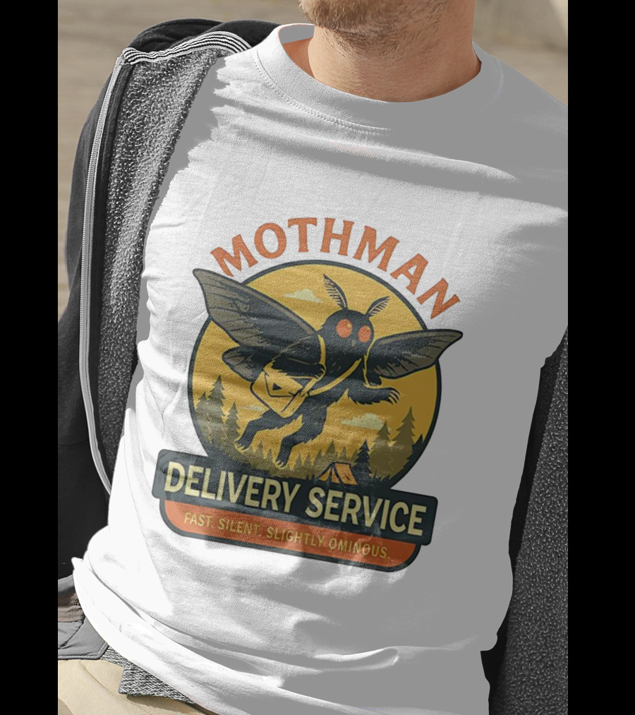 Mothman Delivery Service Fast Silent Slightly Ominous Retro Forest Imagery T-Shirt
