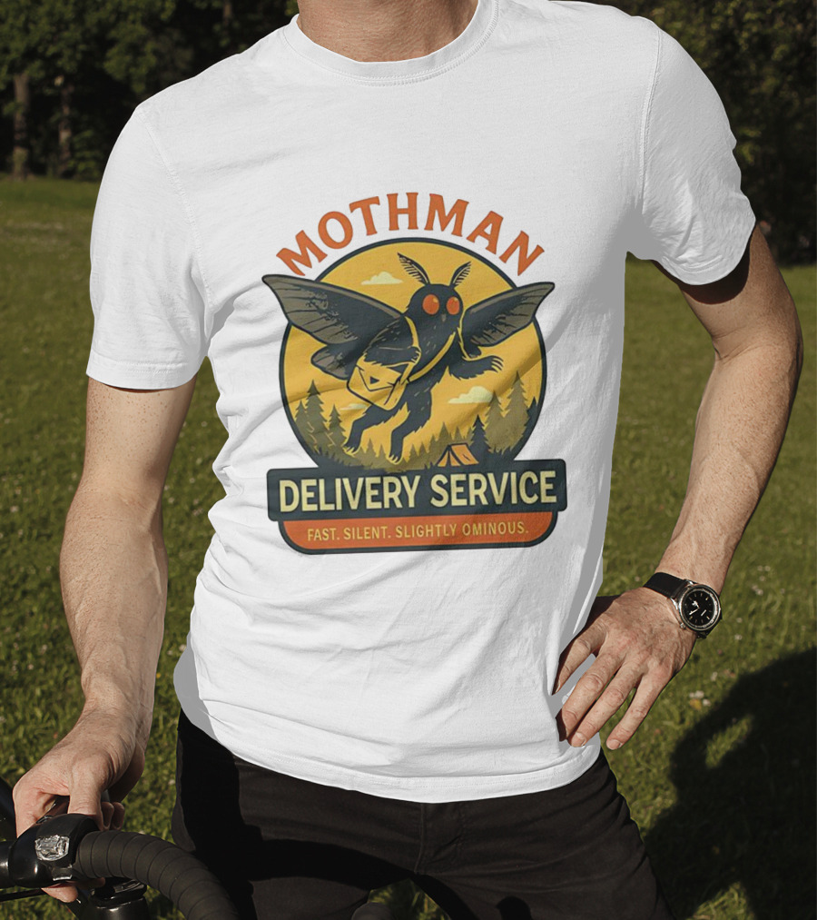 Mothman Delivery Service Fast Silent Slightly Ominous Retro Forest Imagery T-Shirt