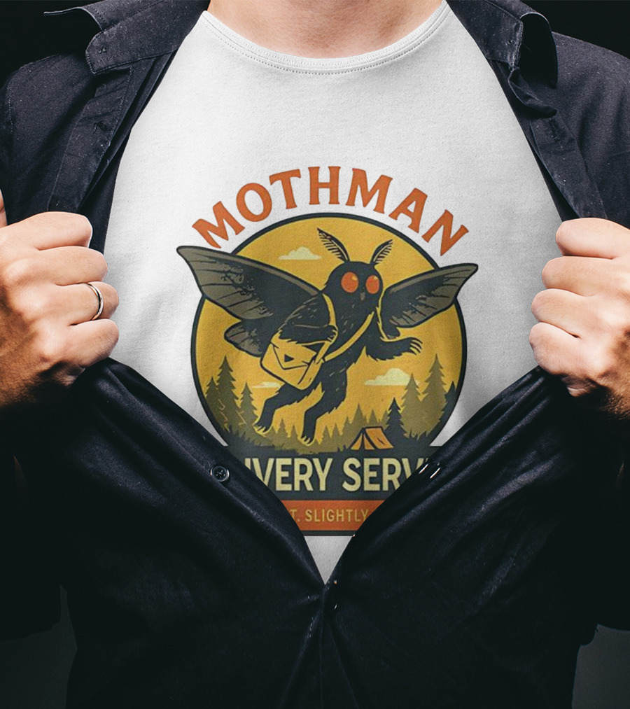 Mothman Delivery Service Fast Silent Slightly Ominous Retro Forest Imagery T-Shirt