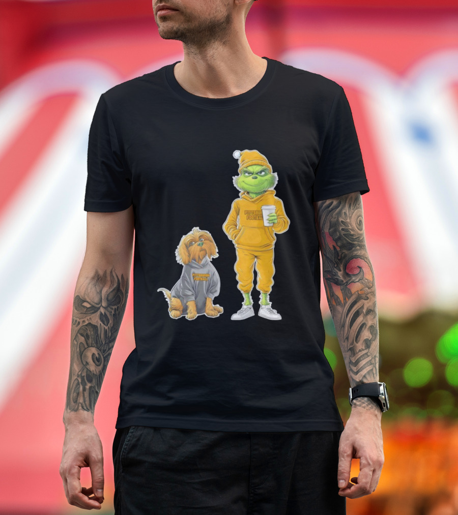 Pittsburgh Football Green Monster Grinch And Dog Christmas T-Shirt