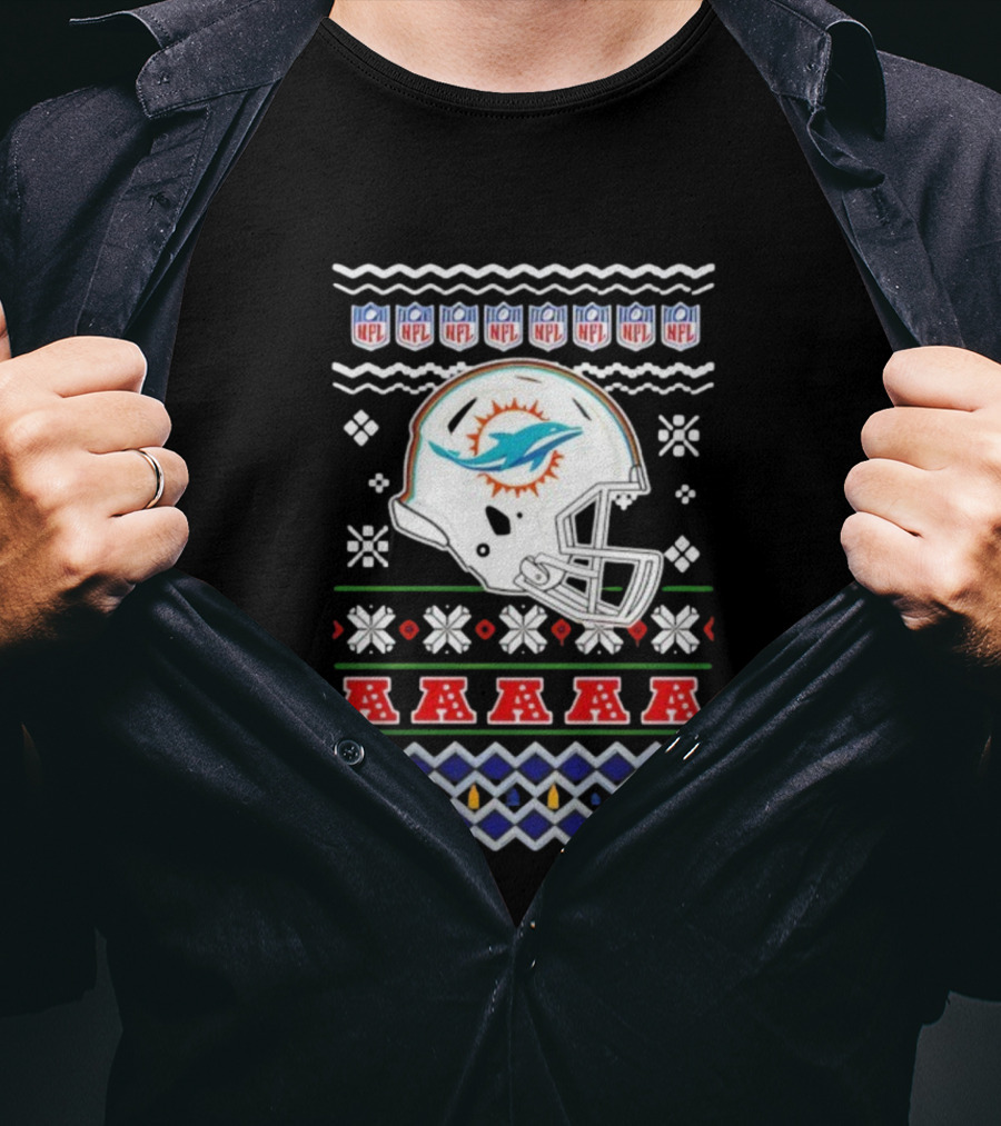 Miami Dolphins Christmas NFL 2025 Holiday Ugly Sweater Style Football T-Shirt