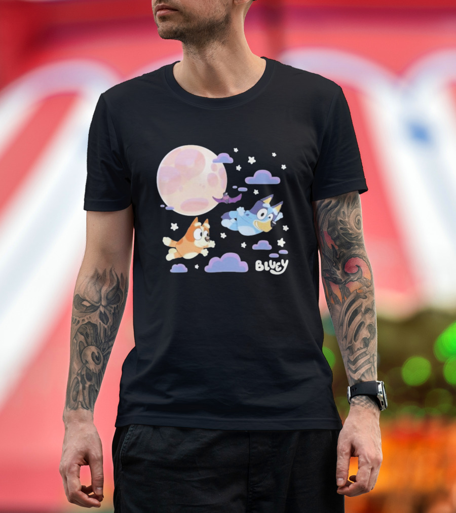 Bluey Sleepy Time Characters Flying With Moon And Stars T-Shirt