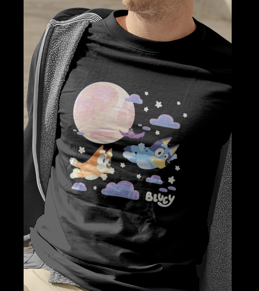 Bluey Sleepy Time Characters Flying With Moon And Stars T-Shirt