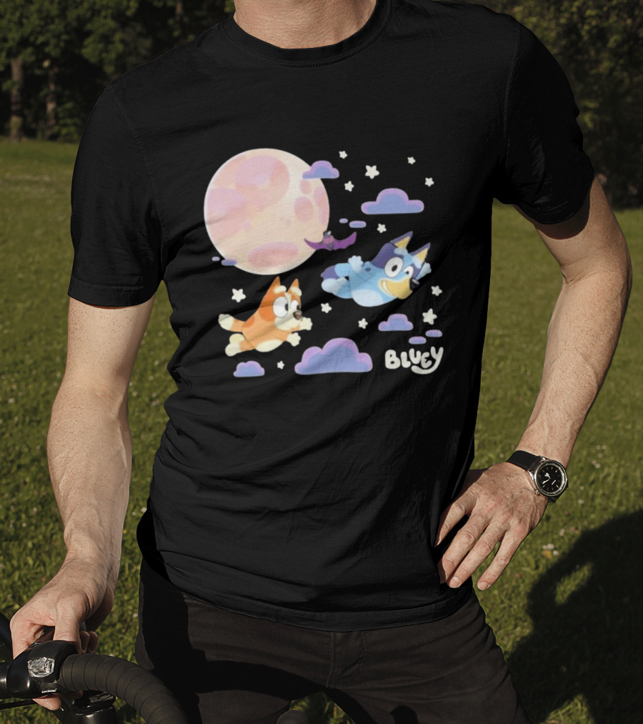 Bluey Sleepy Time Characters Flying With Moon And Stars T-Shirt