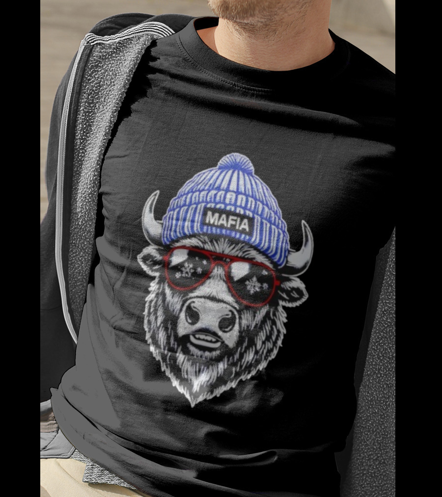 Buffalo Bills Mafia Winter Holiday Snowflake Sunglasses Knitted Hat Football Game Day T-Shirt