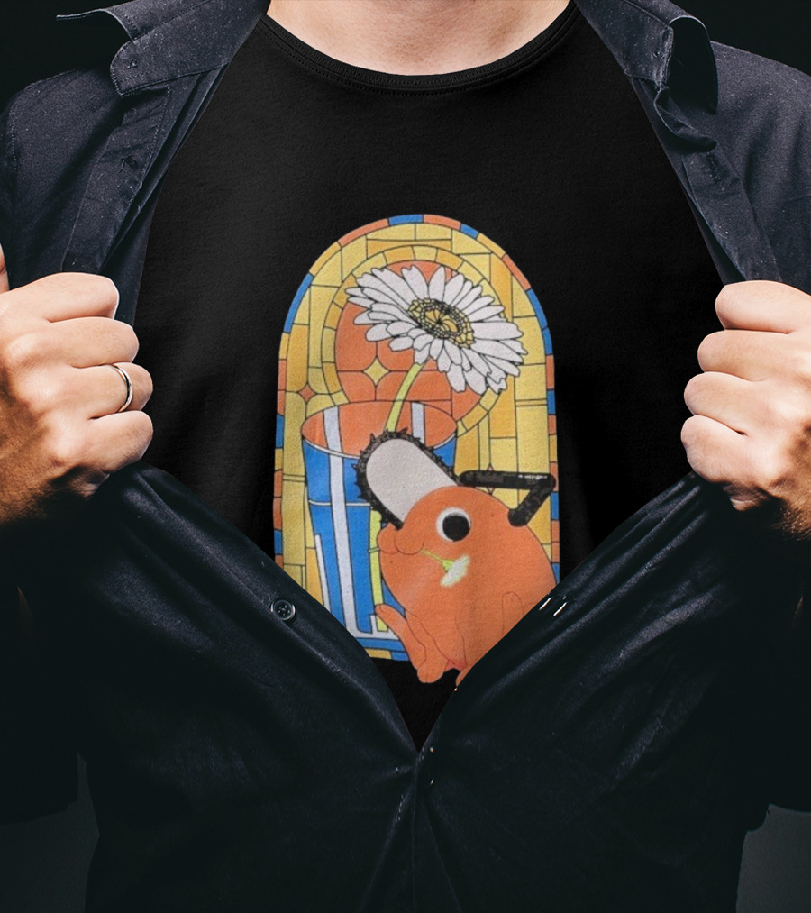 Chainsaw Man Pochita Stained Glass Flower And Chainsaw T-Shirt