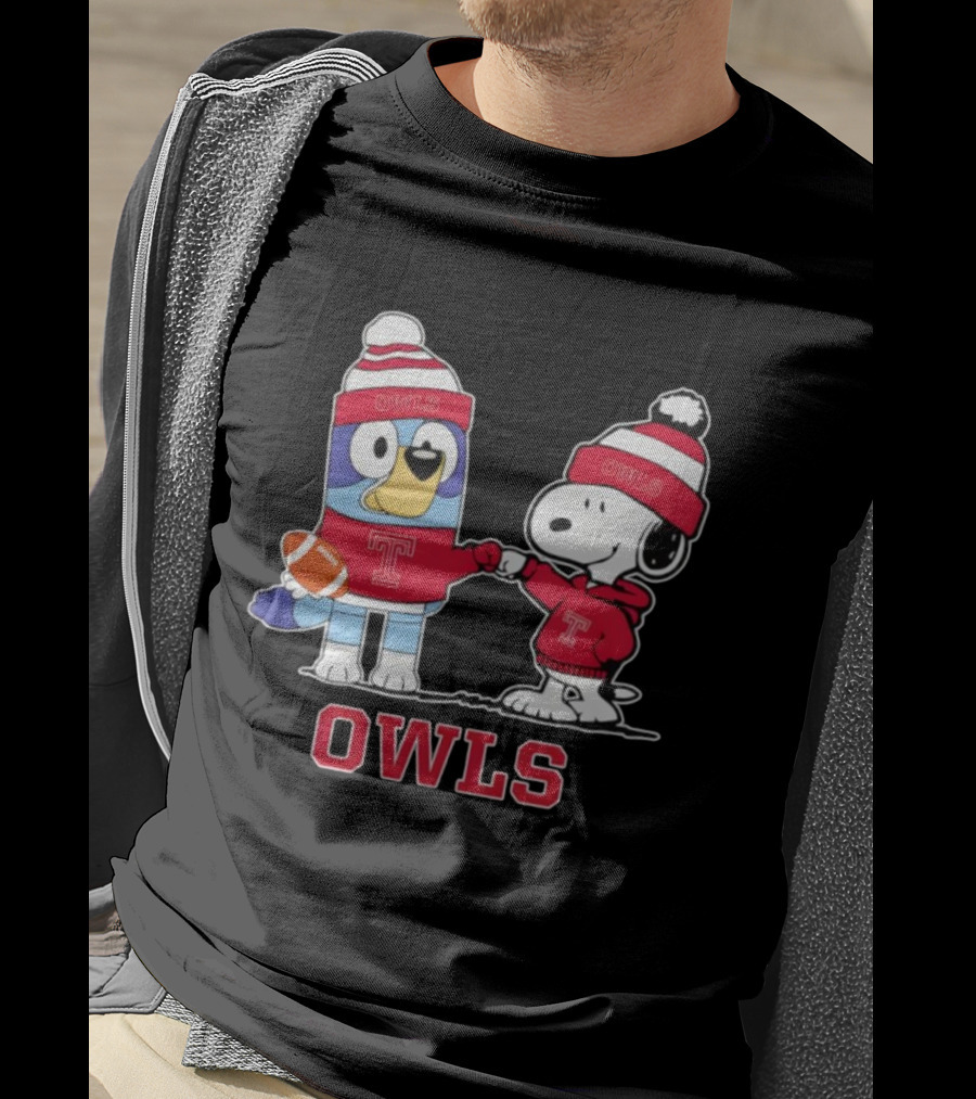 Snoopy Bluey Temple Owls Football Collaboration T-Shirt