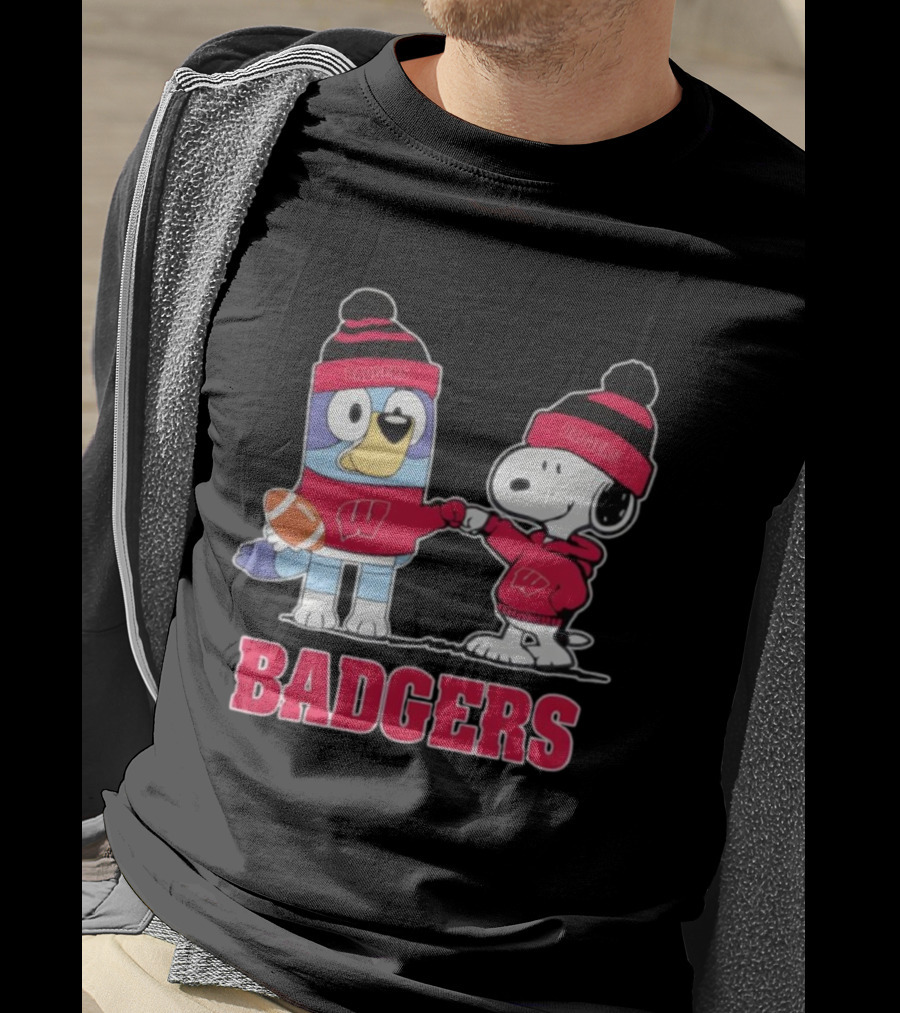 Snoopy Bluey Wisconsin Badgers Football Collaboration Fist Bump T-Shirt