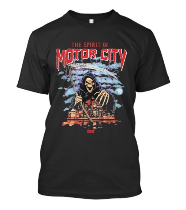 The Spirit Of Motor City Sana Grim Reaper Halloween Skeleton Scythe Urban Cityscape T-Shirt