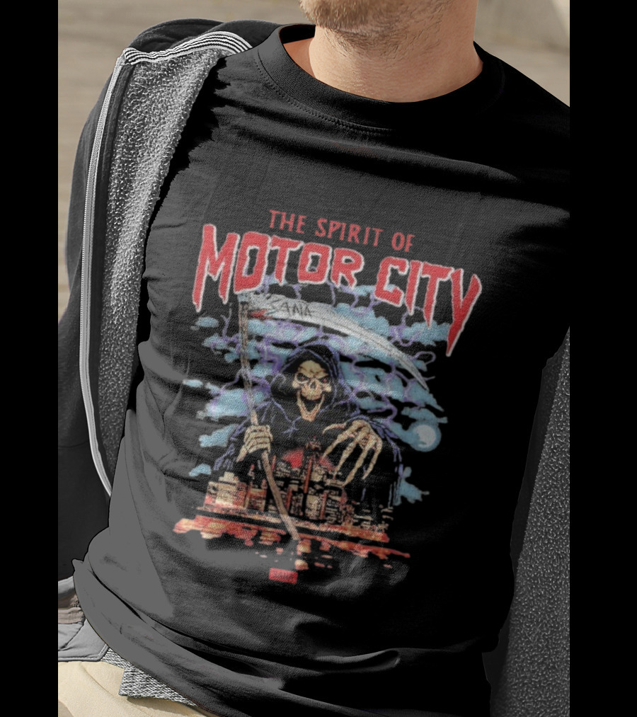 The Spirit Of Motor City Sana Grim Reaper Halloween Skeleton Scythe Urban Cityscape T-Shirt