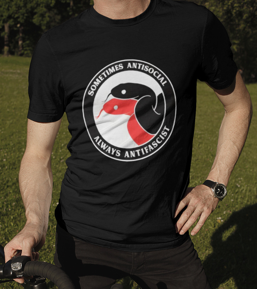 Sometimes Antisocial Always Antifascist Snakes Circle Logo Two Snakes Black And Red T-Shirt