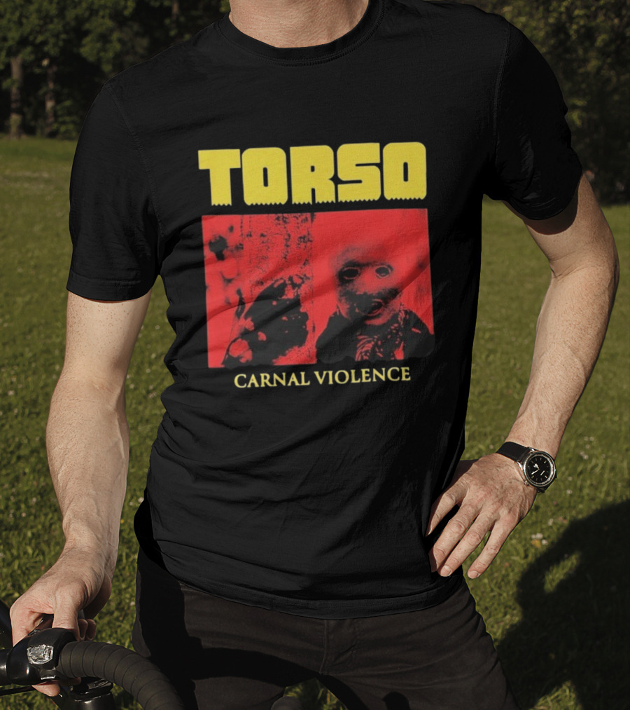 Torso Carnal Violence Horror Imagery Bold Yellow Text T-Shirt