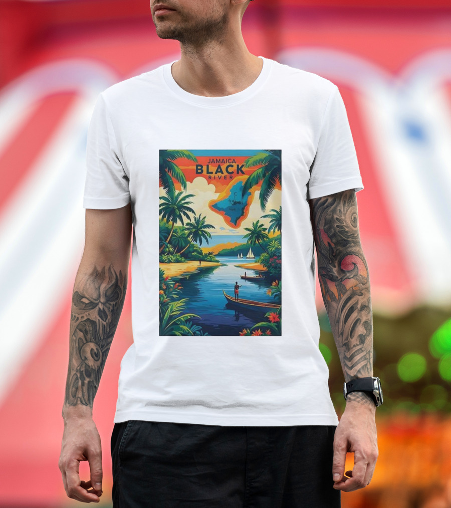 Jamaica Black River Vintage Travel Tropical Scenery With Palm Trees And Boats T-Shirt