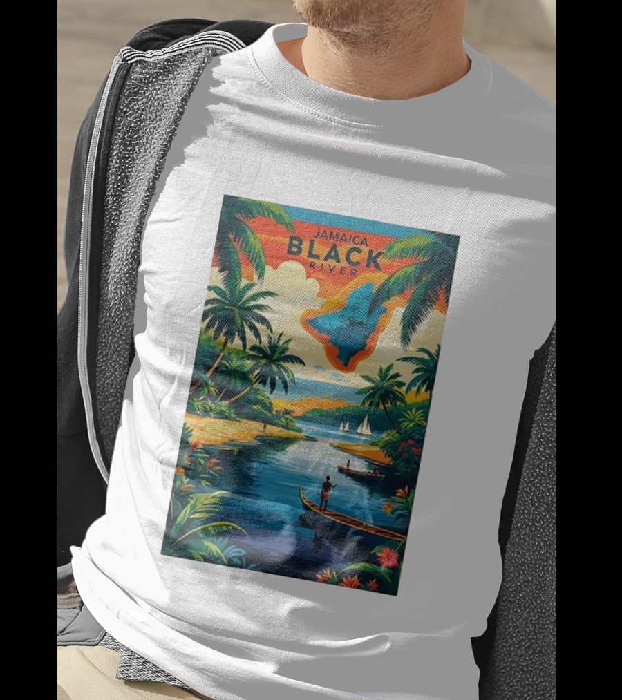 Jamaica Black River Vintage Travel Tropical Scenery With Palm Trees And Boats T-Shirt