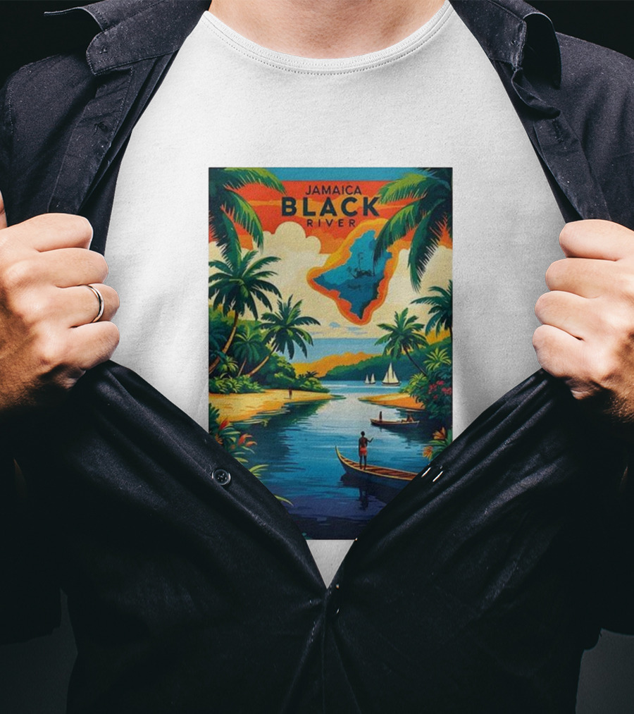 Jamaica Black River Vintage Travel Tropical Scenery With Palm Trees And Boats T-Shirt